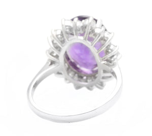 6.55 Carats Natural Amethyst and Diamond 14K Solid White Gold Ring