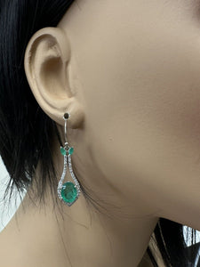 Estate 4.20 Carats Natural Emerald and Diamond 14K Solid White Gold Earrings