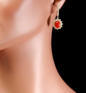 Exquisite 5.60 Carats Natural Coral and Diamond 14K Solid Yellow Gold Earrings
