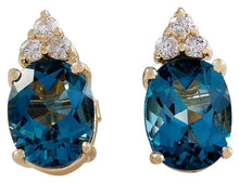 Load image into Gallery viewer, Exquisite 4.80 Carats Natural London Blue Topaz and Diamond 14K Solid Yellow Gold Stud Earrings