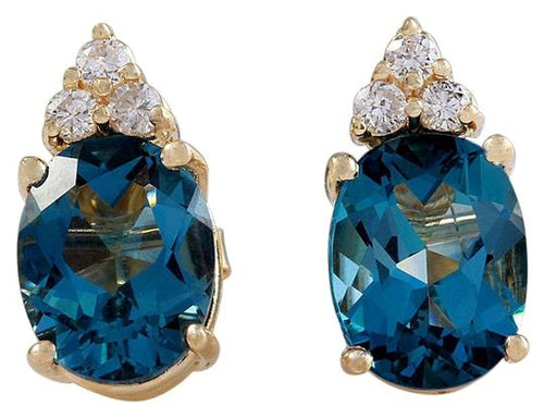 Exquisite 4.80 Carats Natural London Blue Topaz and Diamond 14K Solid Yellow Gold Stud Earrings