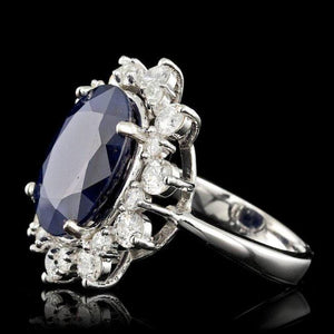 10.75ct Natural Blue Sapphire & Diamond 14k Solid White Gold Ring