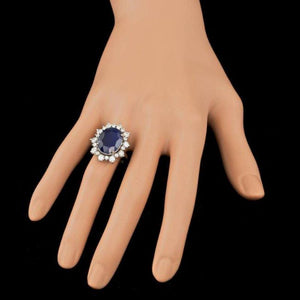 10.75ct Natural Blue Sapphire & Diamond 14k Solid White Gold Ring