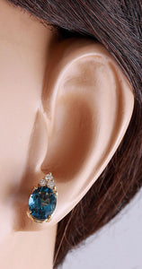 Exquisite 4.80 Carats Natural London Blue Topaz and Diamond 14K Solid Yellow Gold Stud Earrings