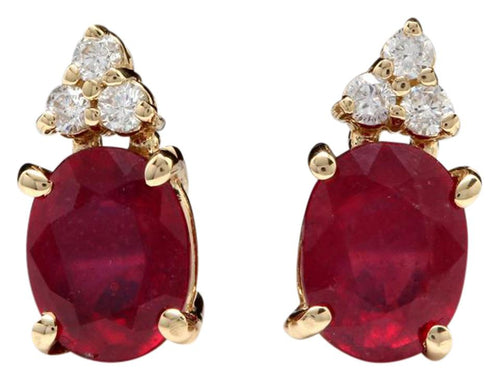 Exquisite 4.20 Carats Red Ruby and Diamond 14K Solid Yellow Gold Stud Earrings