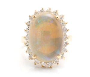 9.10 Carats Natural Impressive Australian Opal and Diamond 14K Solid Yellow Gold Ring