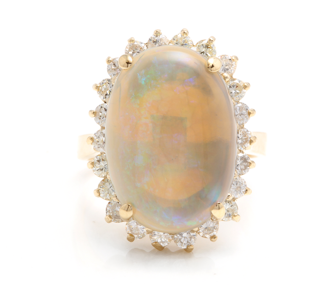 9.10 Carats Natural Impressive Australian Opal and Diamond 14K Solid Yellow Gold Ring