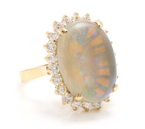 9.10 Carats Natural Impressive Australian Opal and Diamond 14K Solid Yellow Gold Ring