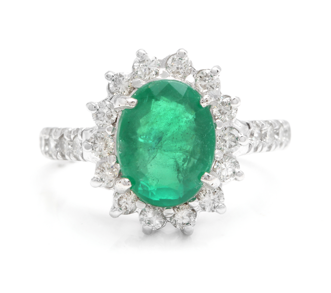 4.00 Carats Natural Emerald and Diamond 14K Solid White Gold Ring