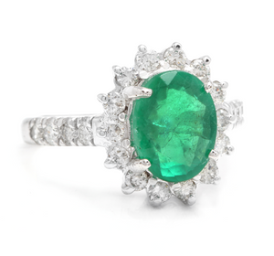 4.00 Carats Natural Emerald and Diamond 14K Solid White Gold Ring