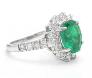 4.00 Carats Natural Emerald and Diamond 14K Solid White Gold Ring