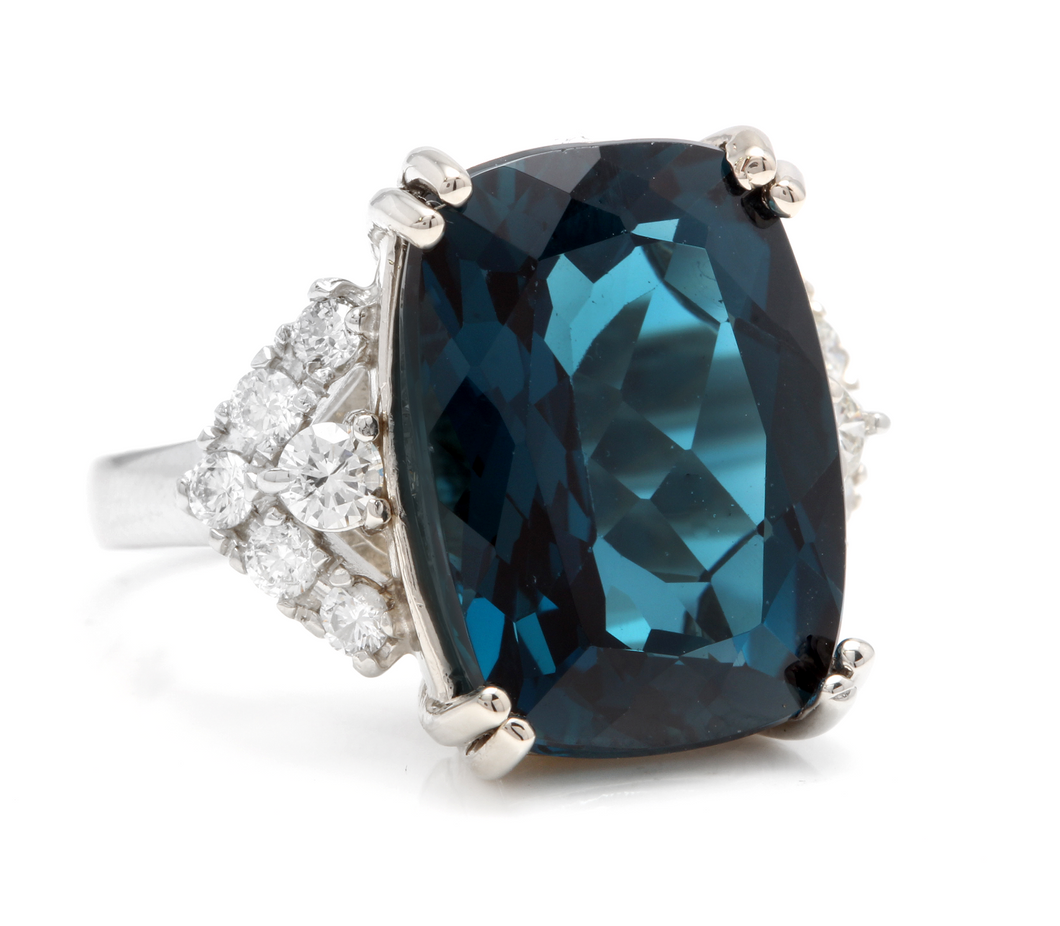 13.70 Carats Natural Impressive London Blue Topaz and Diamond 14K White Gold Ring