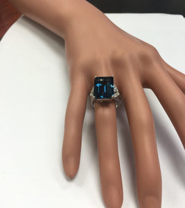 13.70 Carats Natural Impressive London Blue Topaz and Diamond 14K White Gold Ring