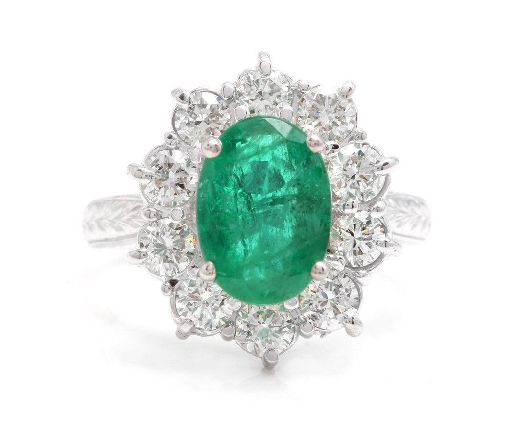 5.20 Carats Exquisite Emerald and Diamond 14K Solid White Gold Ring