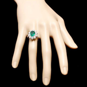 5.20 Carats Exquisite Emerald and Diamond 14K Solid White Gold Ring