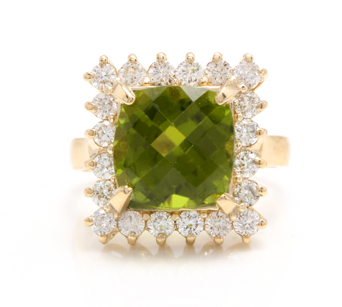 5.50 Carats Natural Very Nice Looking Peridot and Diamond 14K Solid Yellow Gold Ring