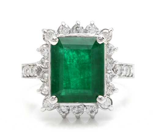 5.40 Carats Natural Emerald and Diamond 14K Solid White Gold Ring