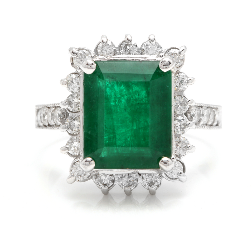 5.40 Carats Natural Emerald and Diamond 14K Solid White Gold Ring