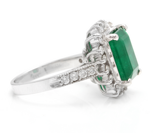 5.40 Carats Natural Emerald and Diamond 14K Solid White Gold Ring
