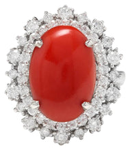 Load image into Gallery viewer, 8.00 Carats Impressive Coral and Diamond 14K White Gold Ring