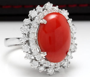 8.00 Carats Impressive Coral and Diamond 14K White Gold Ring