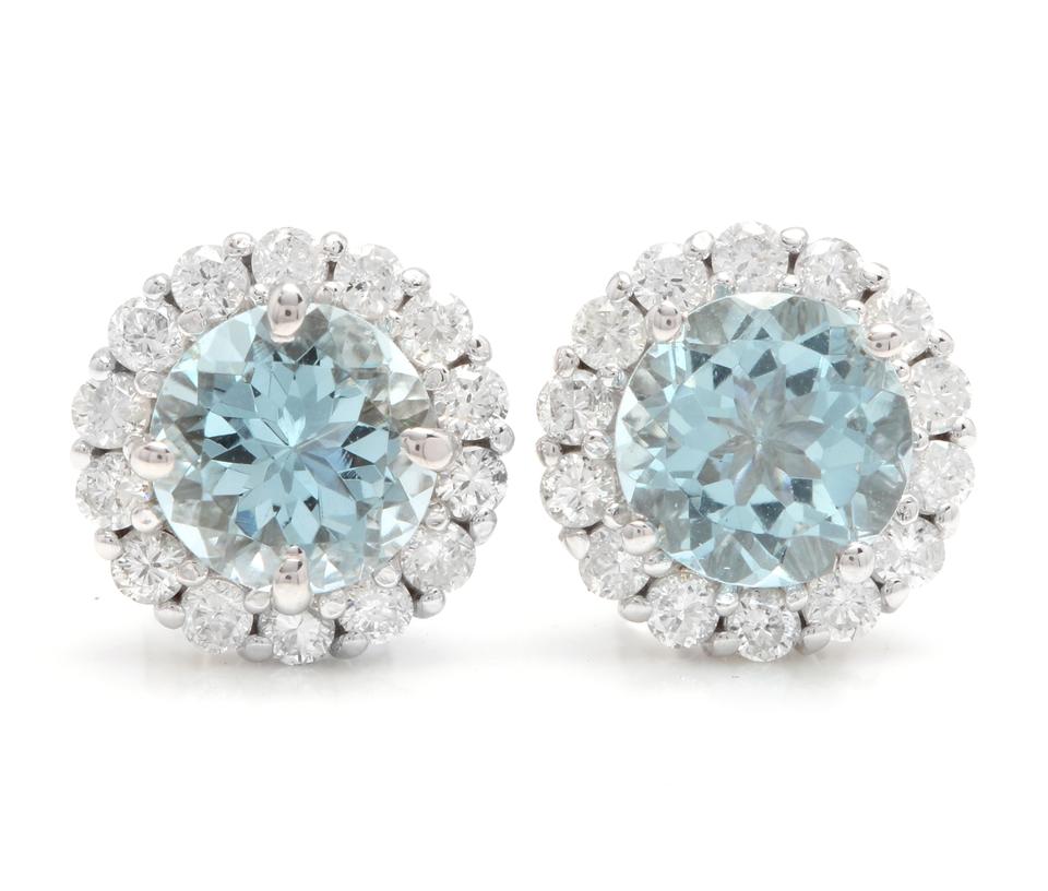 Exquisite 3.75 Carats Natural Aquamarine and Diamond 14K Solid White Gold Stud Earrings