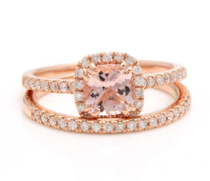 1.40 Carats Natural Morganite and Diamond 14K Solid Rose Gold Set of Matching Rings