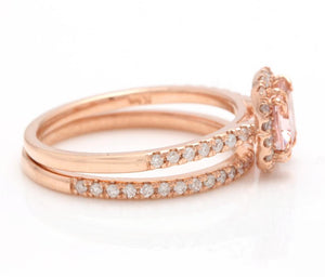 1.40 Carats Natural Morganite and Diamond 14K Solid Rose Gold Set of Matching Rings