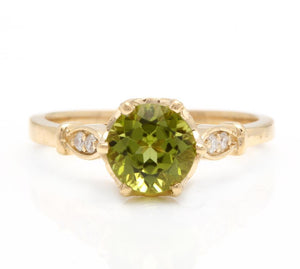 1.58 Carats Impressive Natural Peridot and Diamond 14K Yellow Gold Ring