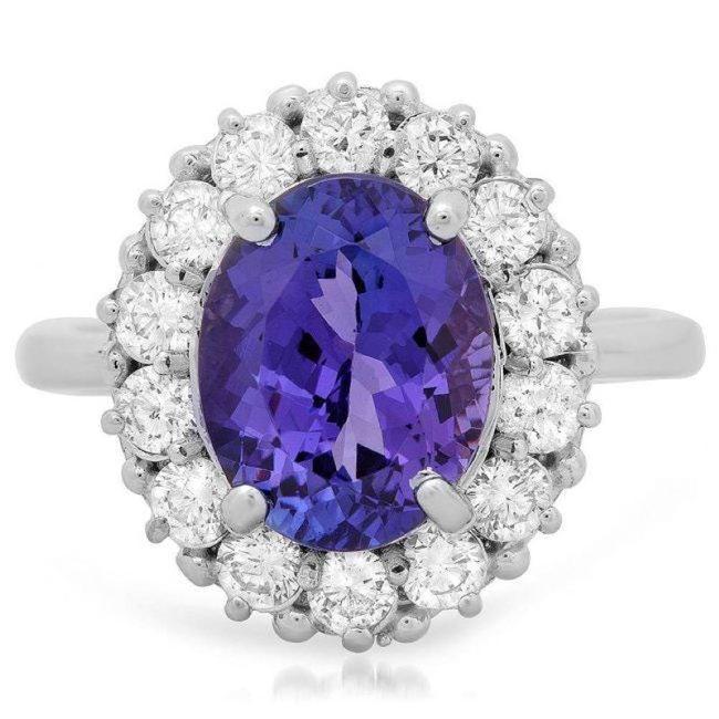 4.80 Carats Natural Tanzanite and Diamond 14k Solid White Gold Ring