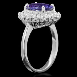 4.80 Carats Natural Tanzanite and Diamond 14k Solid White Gold Ring