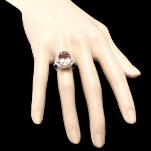 7.15 Carats Exquisite Natural Morganite and Diamond 14K Solid White Gold Ring
