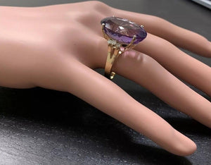 28.25 Carats Natural Amethyst and Diamond 14K Solid Yellow Gold Ring