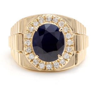 8.70 Carats Natural Diamond & Blue Sapphire 14K Solid Yellow Gold Men's Ring