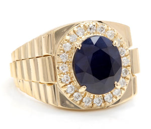 8.70 Carats Natural Diamond & Blue Sapphire 14K Solid Yellow Gold Men's Ring