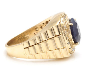 8.70 Carats Natural Diamond & Blue Sapphire 14K Solid Yellow Gold Men's Ring
