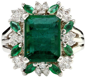 6.90 Carats Natural Emerald and Diamond 14K Solid White Gold Ring
