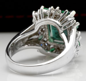 6.90 Carats Natural Emerald and Diamond 14K Solid White Gold Ring