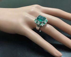 6.90 Carats Natural Emerald and Diamond 14K Solid White Gold Ring