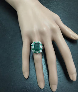 6.90 Carats Natural Emerald and Diamond 14K Solid White Gold Ring
