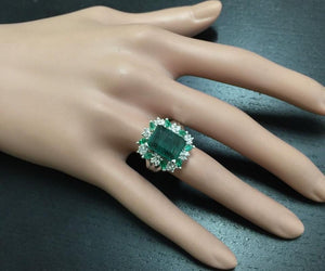 6.90 Carats Natural Emerald and Diamond 14K Solid White Gold Ring