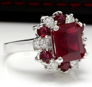 7.05 Carats Impressive Natural Red Ruby and Diamond 14K White Gold Ring