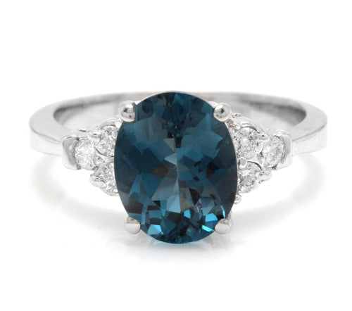 3.00 Carats Natural Impressive London Blue Topaz and Diamond 14K White Gold Ring
