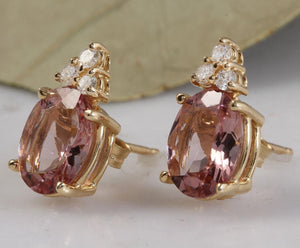 Exquisite 2.90 Carats Natural Morganite and Diamond 14K Solid Yellow Gold Stud Earrings