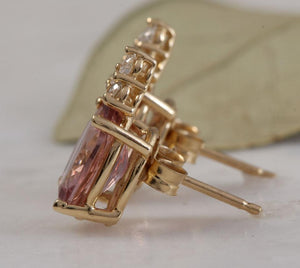 Exquisite 2.90 Carats Natural Morganite and Diamond 14K Solid Yellow Gold Stud Earrings