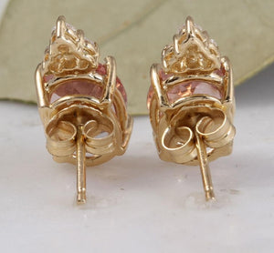 Exquisite 2.90 Carats Natural Morganite and Diamond 14K Solid Yellow Gold Stud Earrings