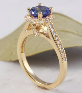 2.00 Carats Natural Impressive Tanzanite and Diamond 14K Solid Yellow Gold Ring