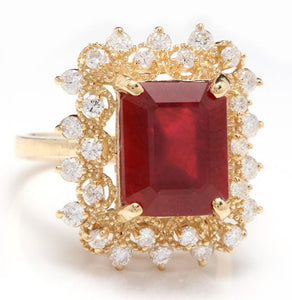 7.80 Carats Impressive Red Ruby and Natural Diamond 14K Yellow Gold Ring