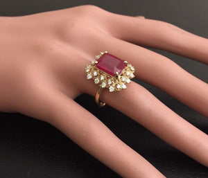 7.80 Carats Impressive Red Ruby and Natural Diamond 14K Yellow Gold Ring