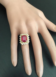 7.80 Carats Impressive Red Ruby and Natural Diamond 14K Yellow Gold Ring